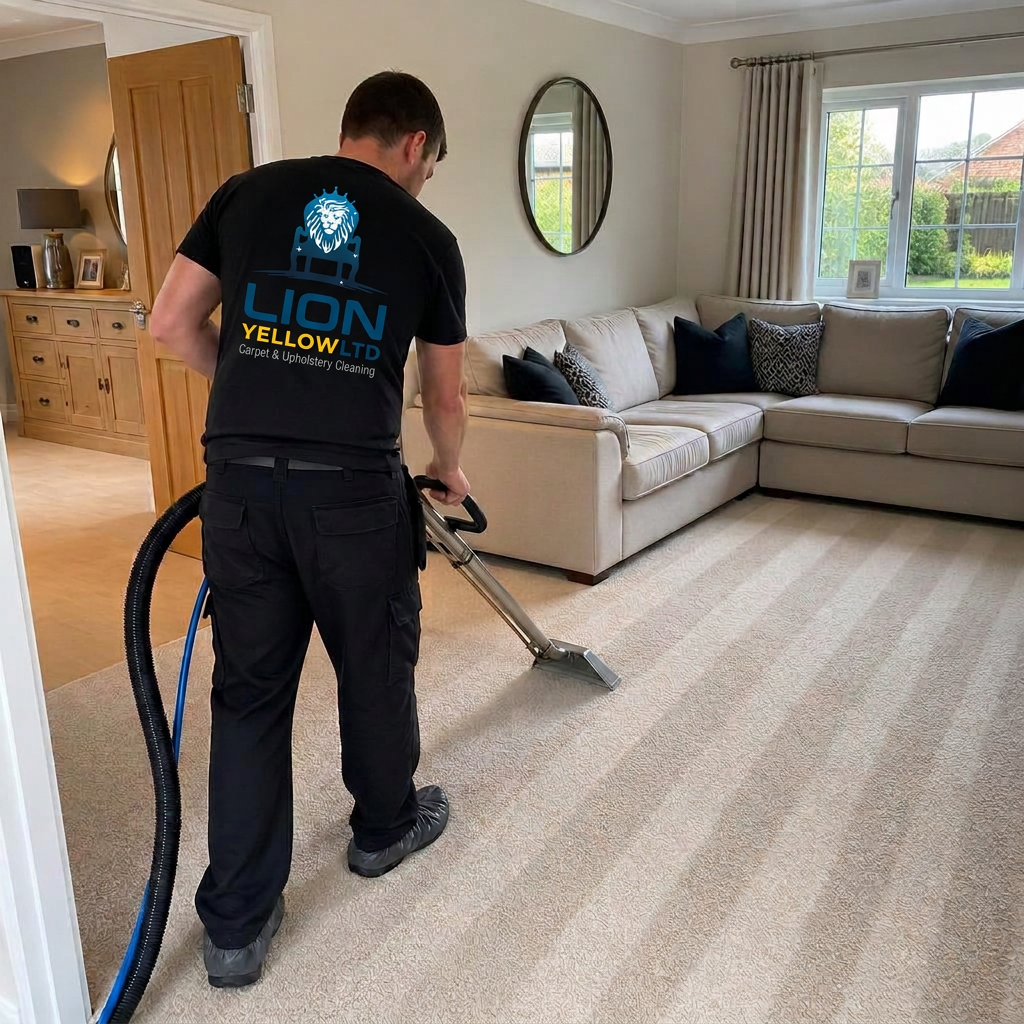 Lion Yellow technician deep-cleaning a living room carpet