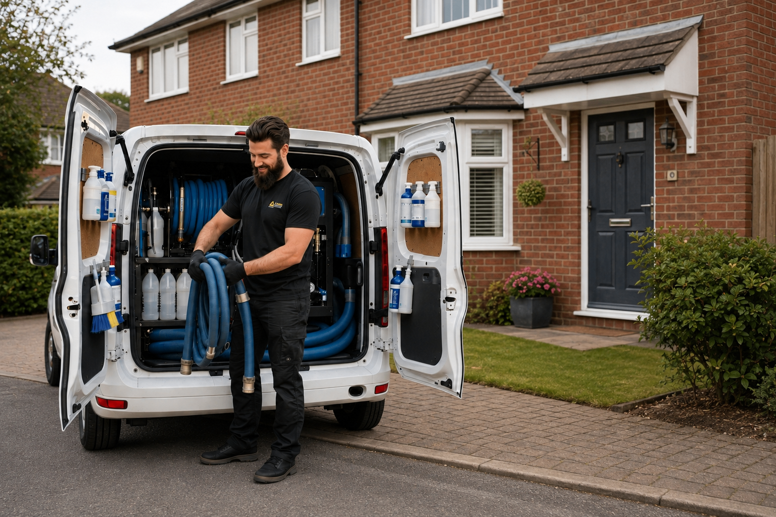Lion Yellow technician with a professional cleaning van equipped for carpet and upholstery cleaning