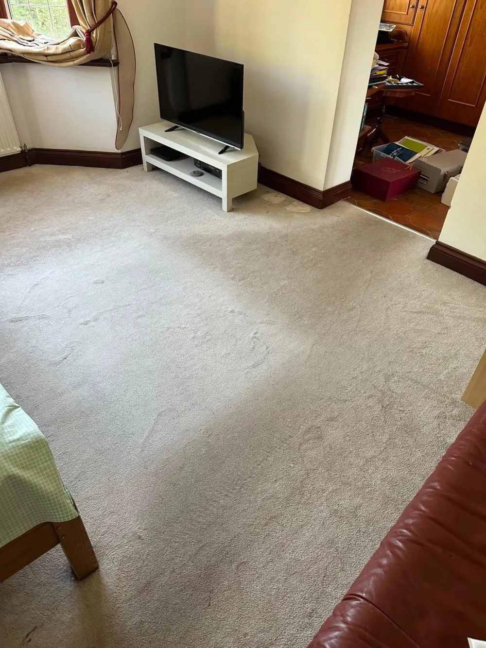 Living room carpet before cleaning, dull with blotchy traffic marks
