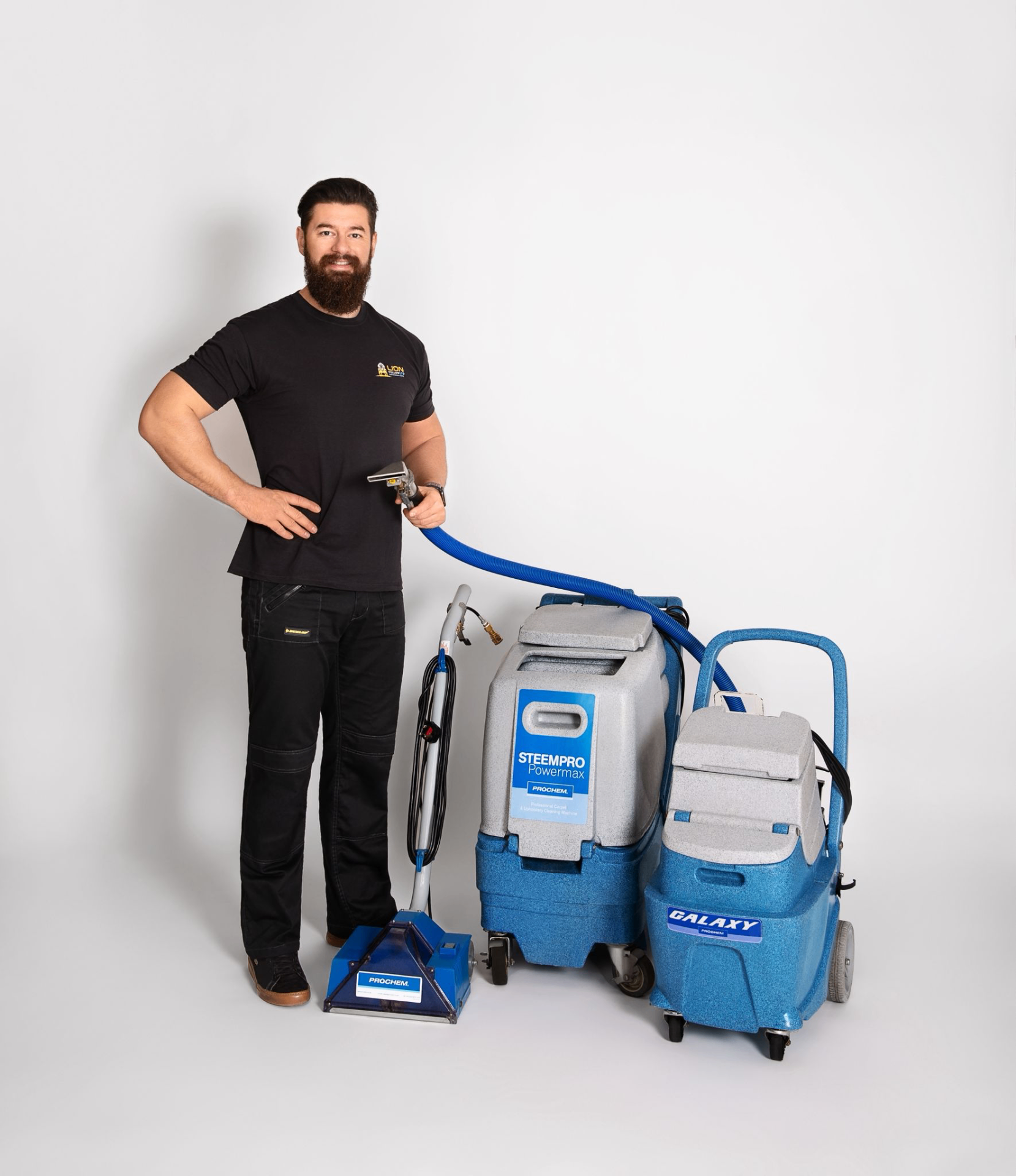 Lion Yellow technician with professional carpet cleaning equipment
